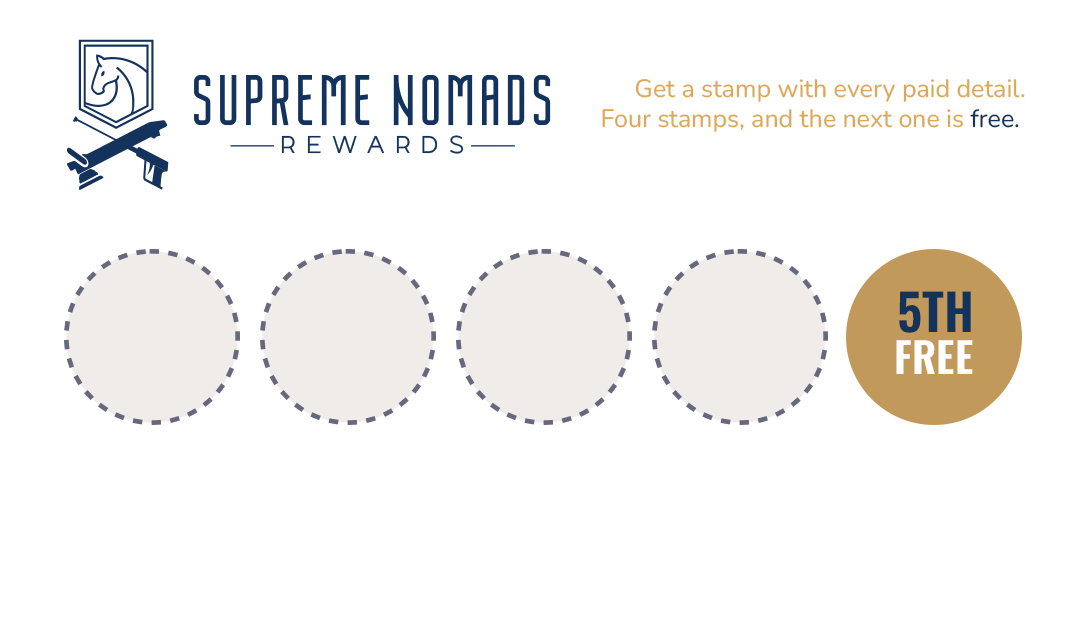 Supreme Nomads Rewards stamp card, four stamps then the fifth detail free